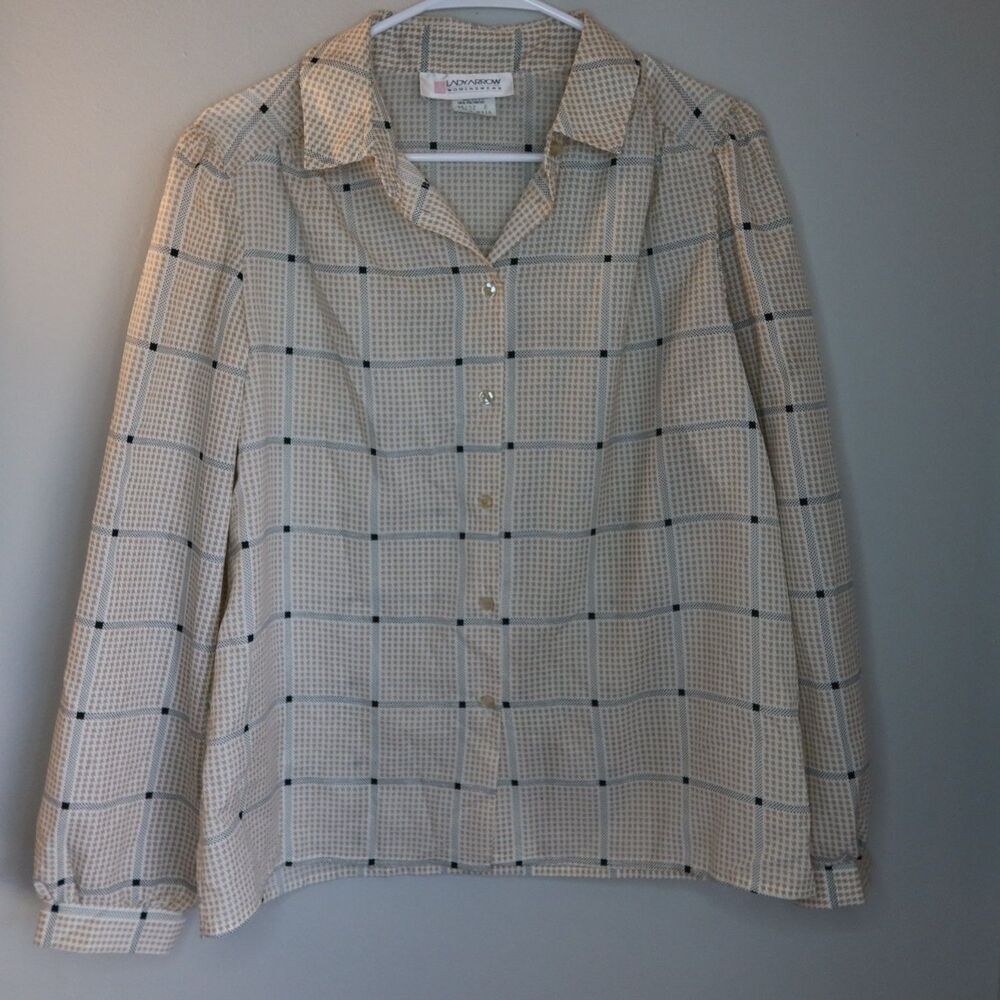 Lady Arrow Blouse 1970s Womens Size 16 Beige Plaid Long Sleeve Check